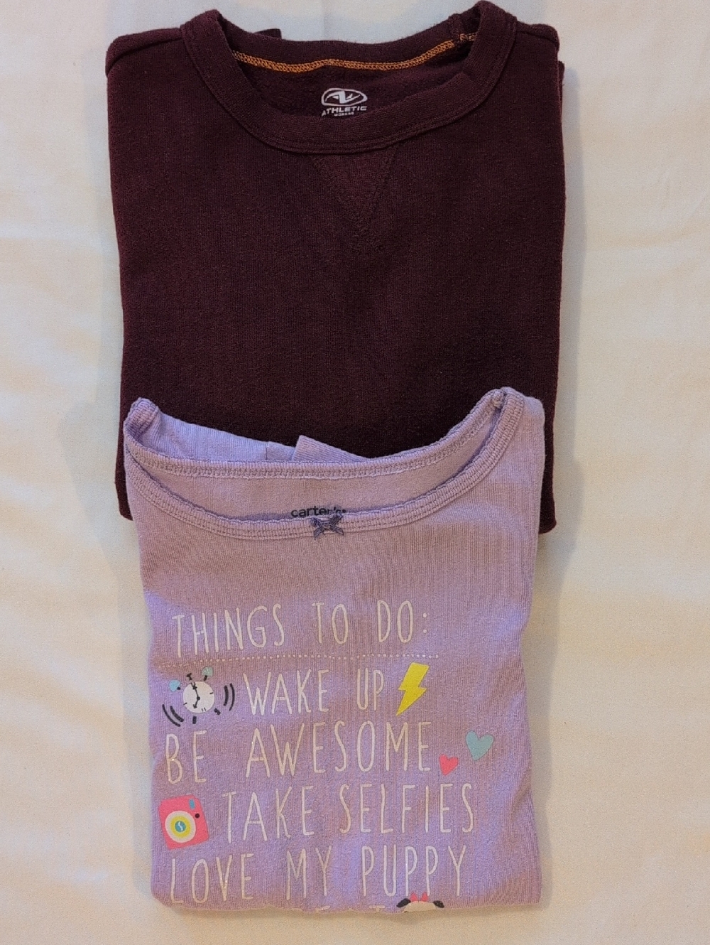 Girls 7/8 Long Sleeve Bundle Maroon Athletic Top + Purple Carter’s Bow Tee